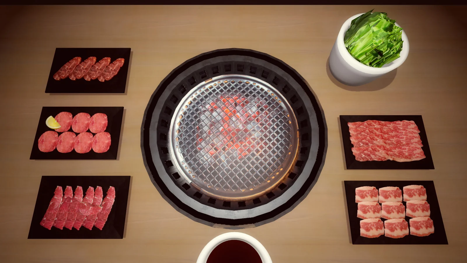 網の上で肉を焼く画面
